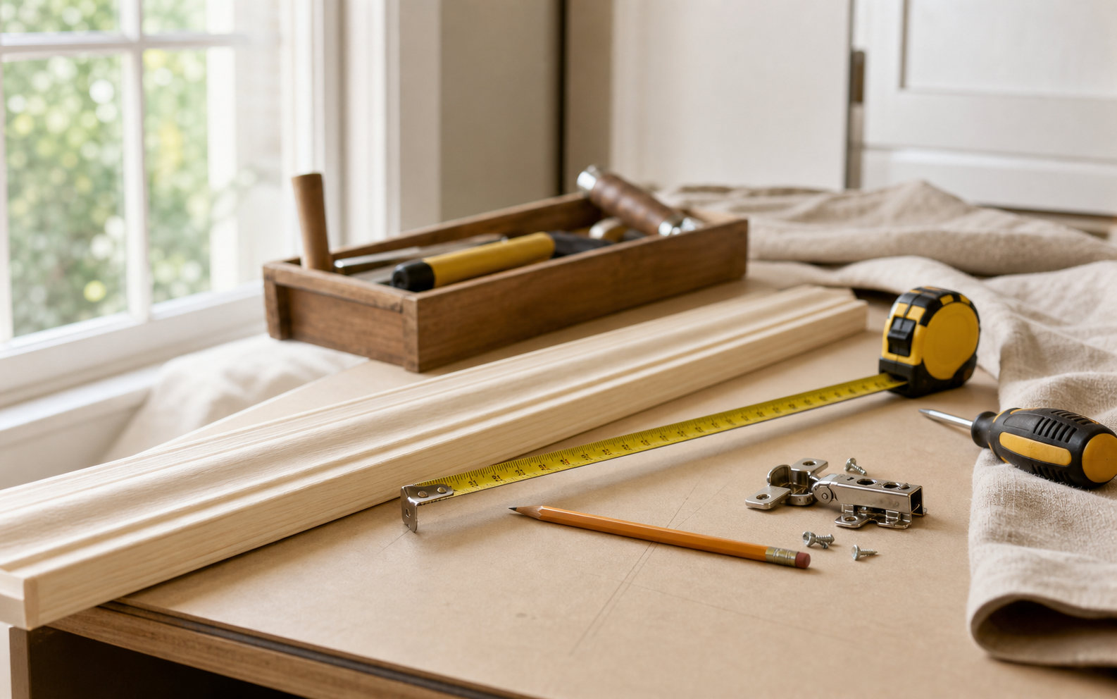 Wood trim, tools, and measuring materials on a repair work surface